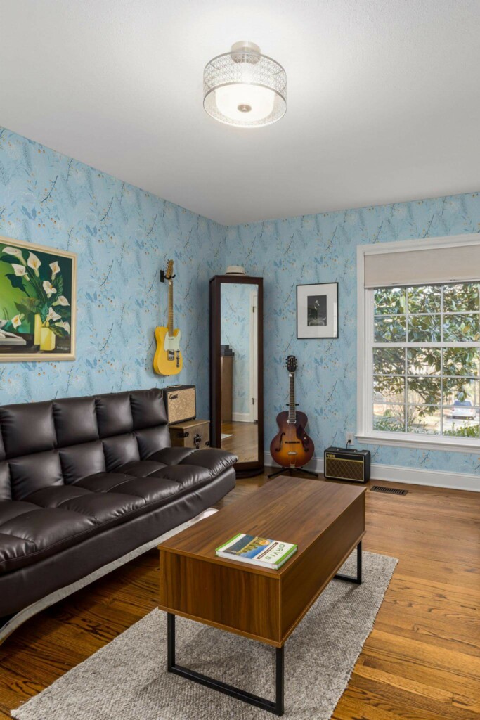 Mid-century style living room decorated with Winter flowers peel and stick wallpaper and music instruments