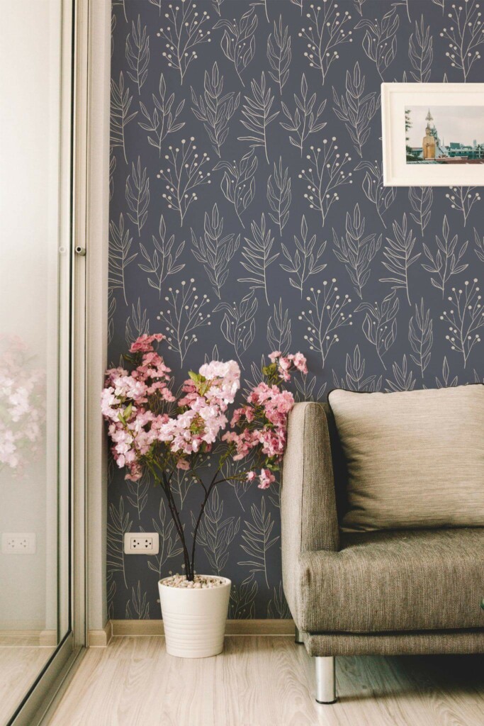 Modern farmhouse style living room decorated with Winter leaf peel and stick wallpaper