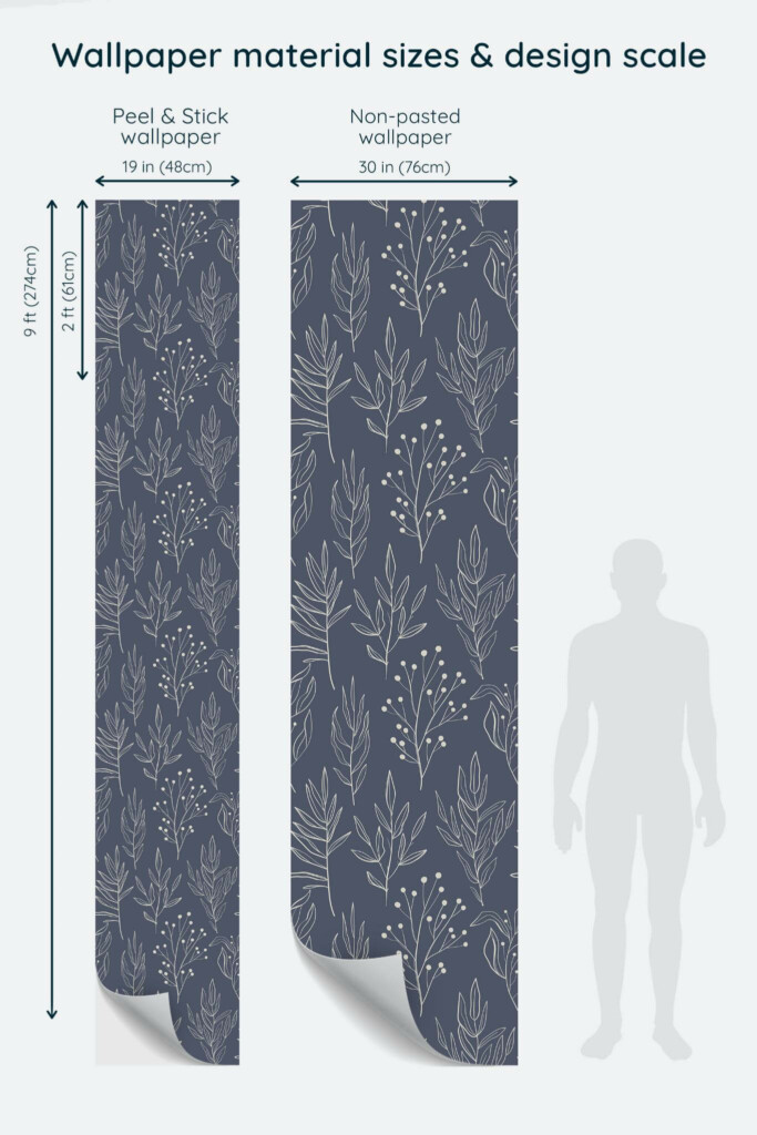 Size comparison of Winter leaf Peel & Stick and Non-pasted wallpapers with design scale relative to human figure