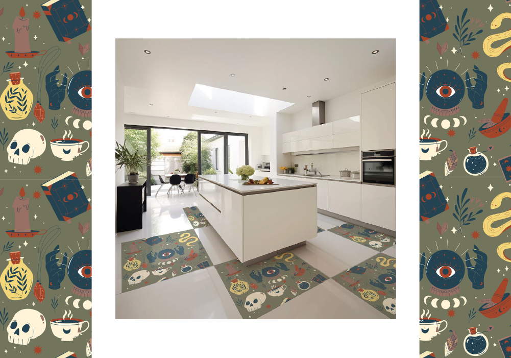 Witchy elements on floor tiles in a modern kitchen setting.