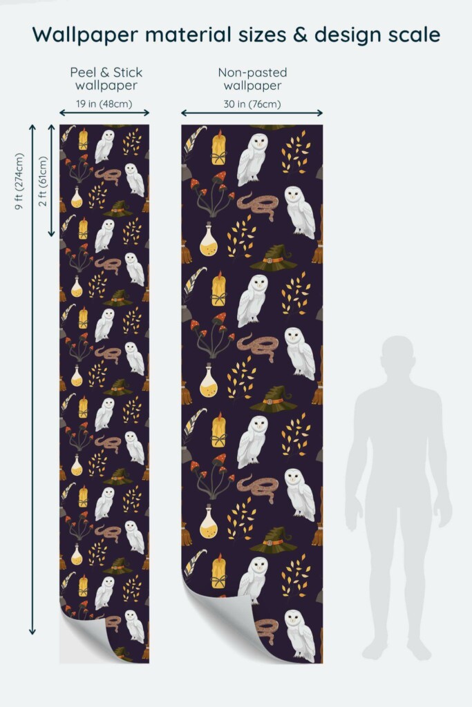 Size comparison of Wizard Peel & Stick and Non-pasted wallpapers with design scale relative to human figure
