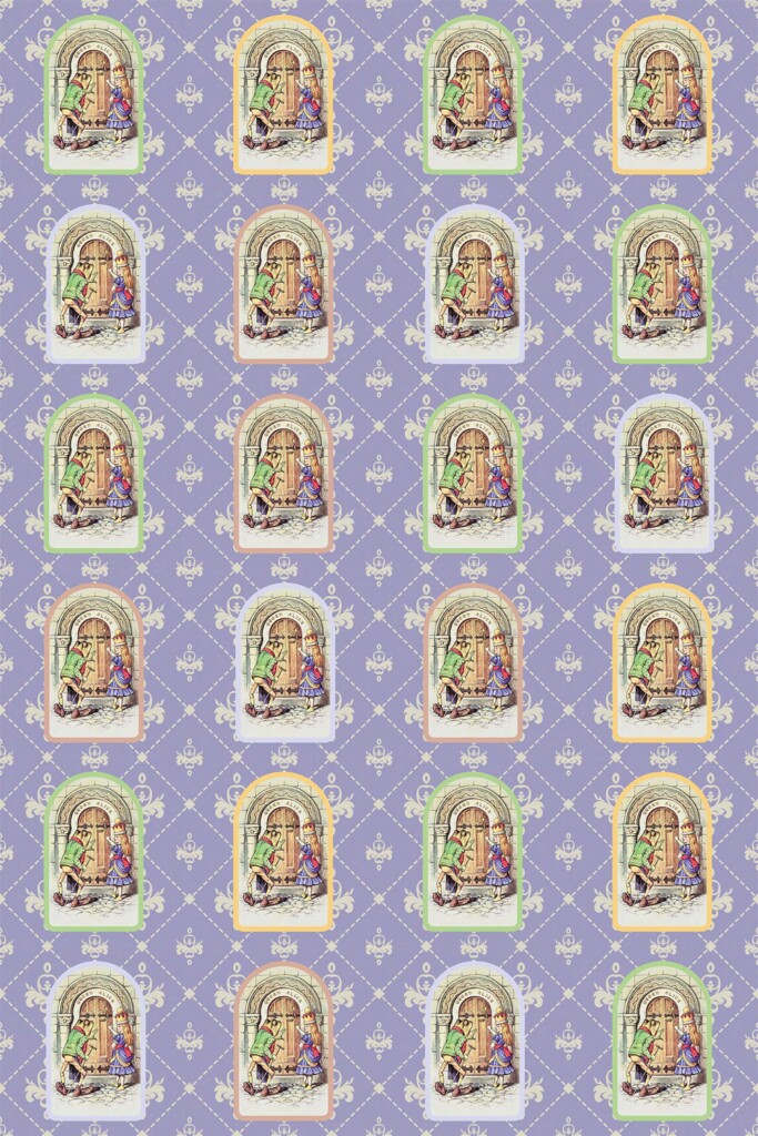 Wonderland-themed purple removable wallpaper for kids room by Fancy Walls