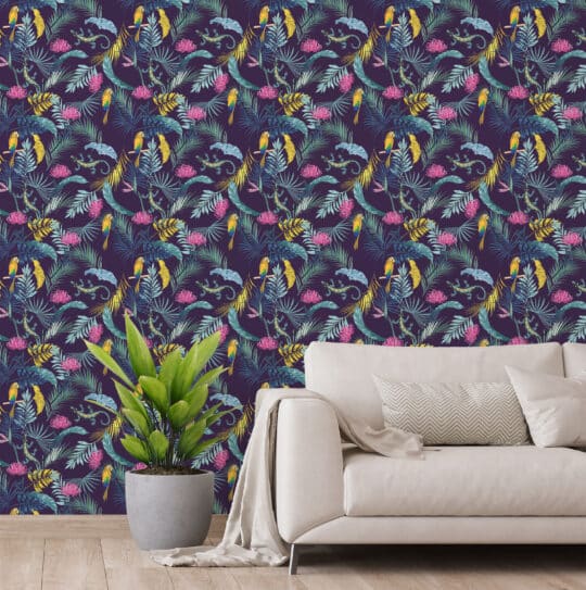 tropical pink and blue traditional wallpaper