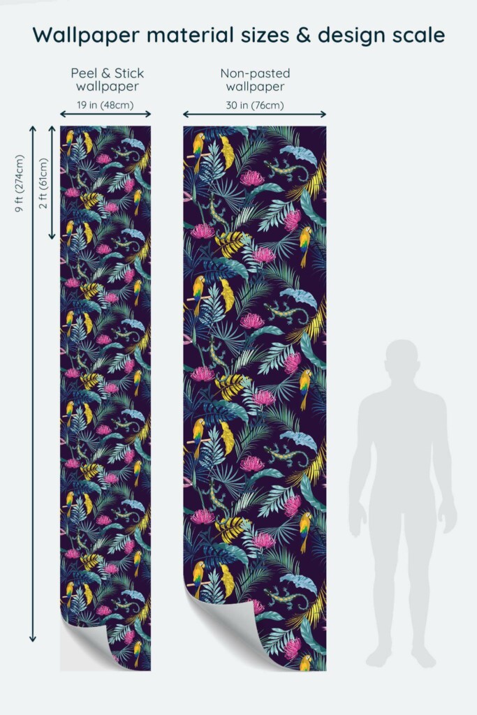 Size comparison of Wonderland tropical Peel & Stick and Non-pasted wallpapers with design scale relative to human figure