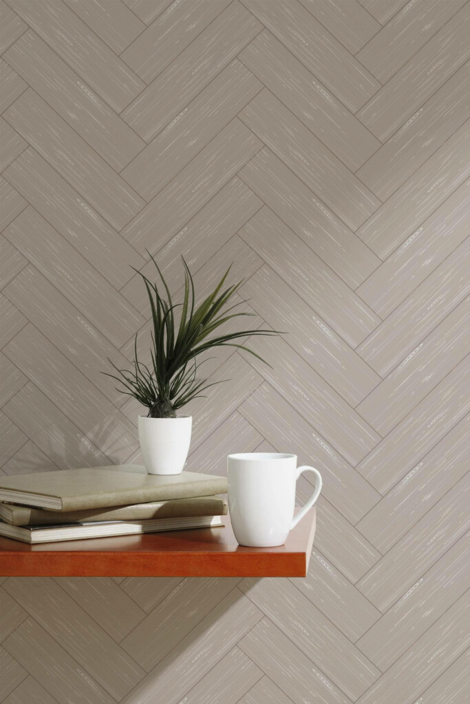 Scandinavian style accent wall decorated with Wood herringbone peel and stick wallpaper
