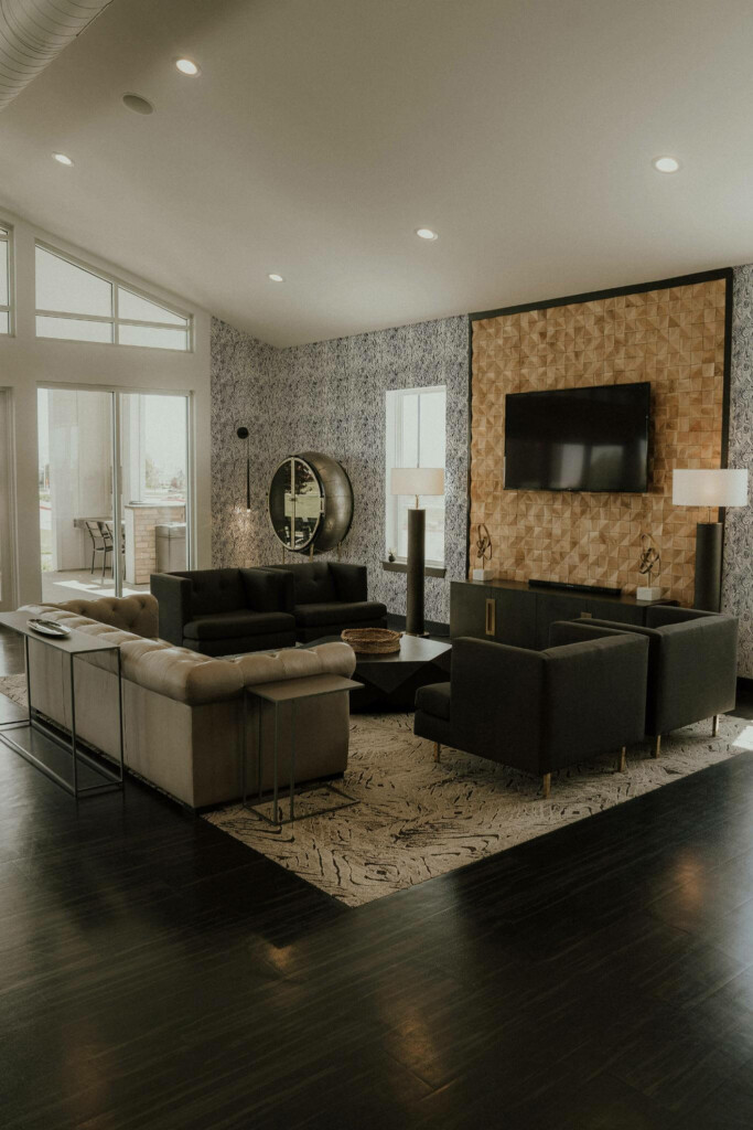 Hollywood glam style living room decorated with Wood pattern peel and stick wallpaper