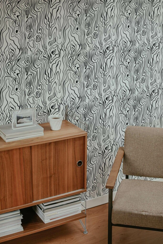 Mid-century style living room decorated with Wood pattern peel and stick wallpaper