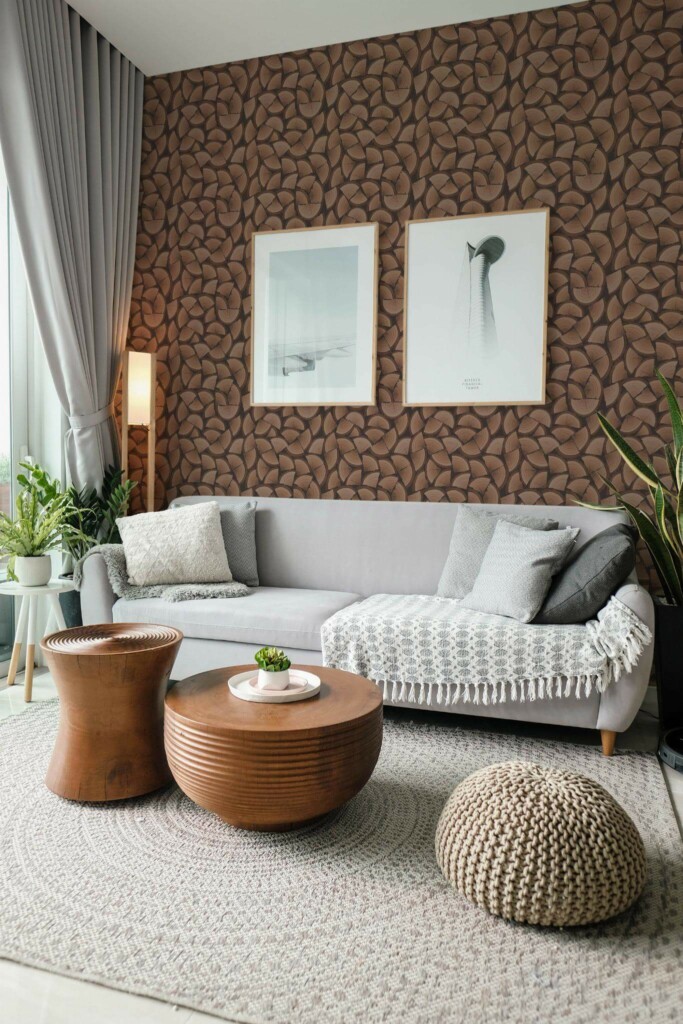 Modern scandinavian style living room decorated with Wood peel and stick wallpaper and green plants