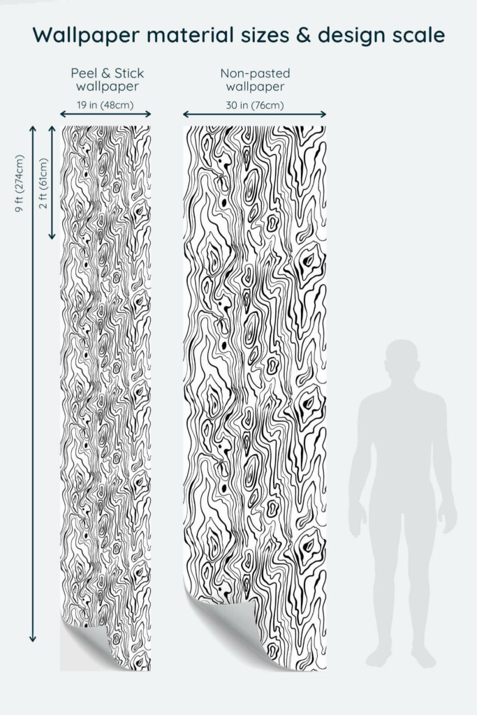 Size comparison of Wood texture Peel & Stick and Non-pasted wallpapers with design scale relative to human figure