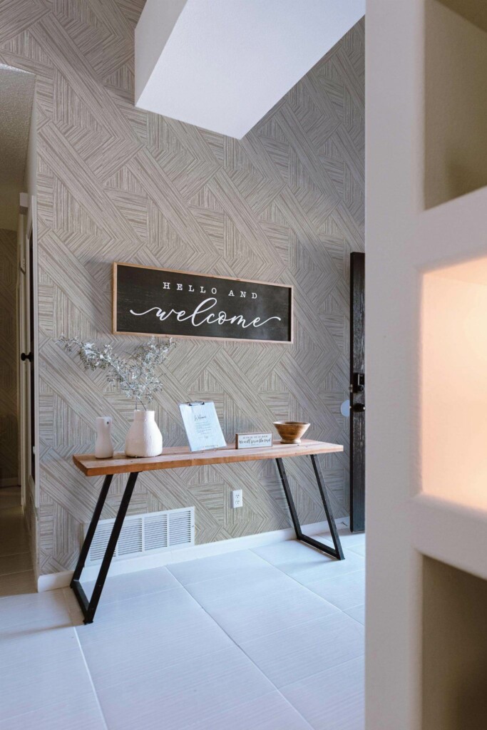 Minimal farmhouse style entryway decorated with Wood tile peel and stick wallpaper