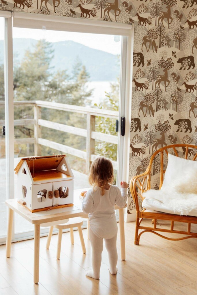 Boho gender neutral style kids room decorated with Woodland animal peel and stick wallpaper