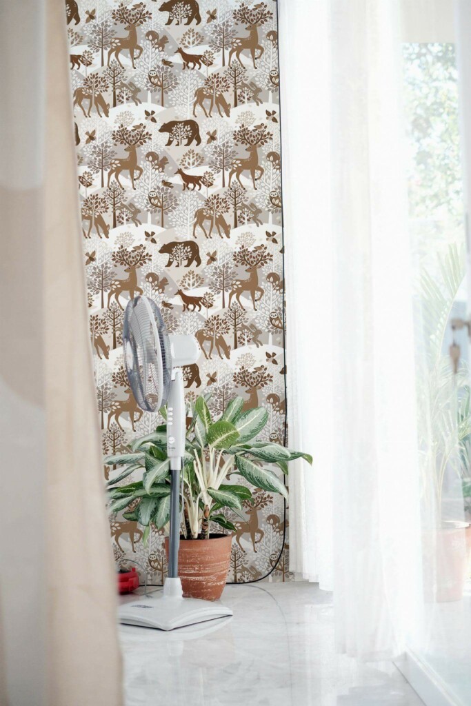 Minimal style living room decorated with Woodland animal peel and stick wallpaper