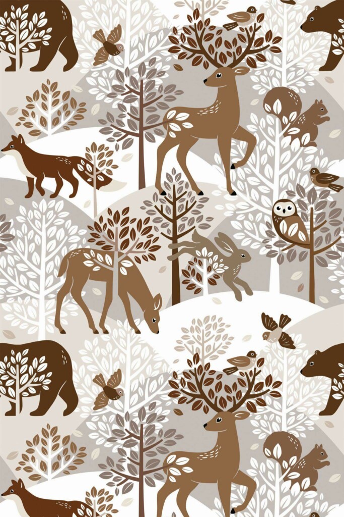 Pattern repeat of Woodland animals removable wallpaper design