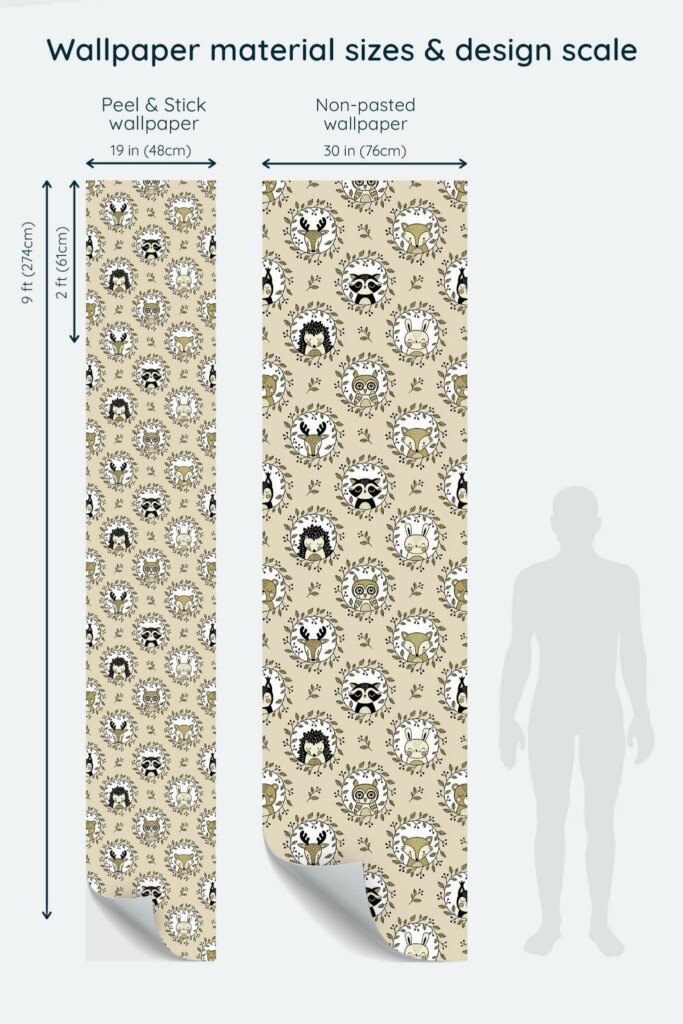 Size comparison of Woodland nursery Peel & Stick and Non-pasted wallpapers with design scale relative to human figure