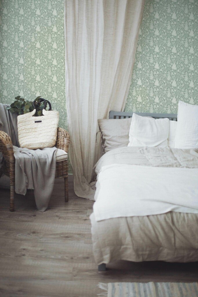 Boho style bedroom decorated with Woodland peel and stick wallpaper