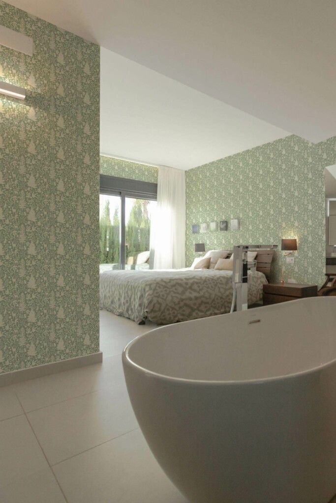 Modern style bedroom with open bathroom decorated with Woodland peel and stick wallpaper