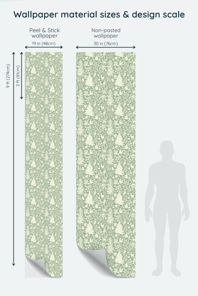 Size comparison of Woodland Peel & Stick and Non-pasted wallpapers with design scale relative to human figure