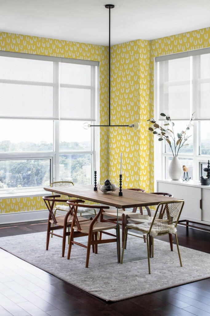 Modern minimalist style dining room decorated with Yellow abstract doodle peel and stick wallpaper