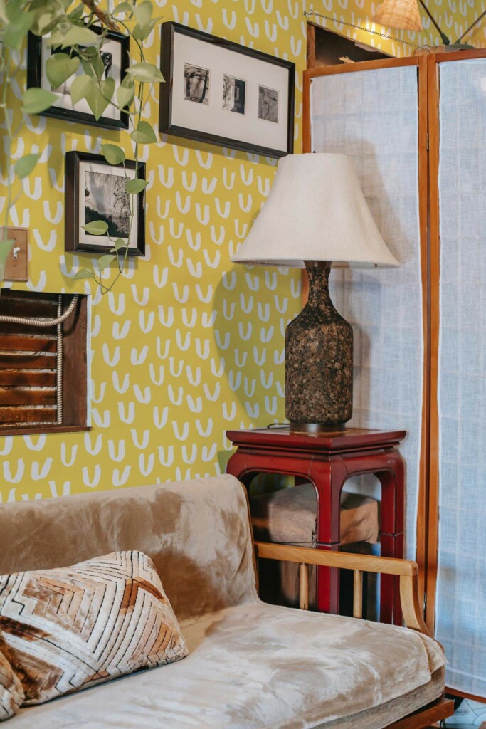 Southwestern style living room decorated with Yellow abstract doodle peel and stick wallpaper