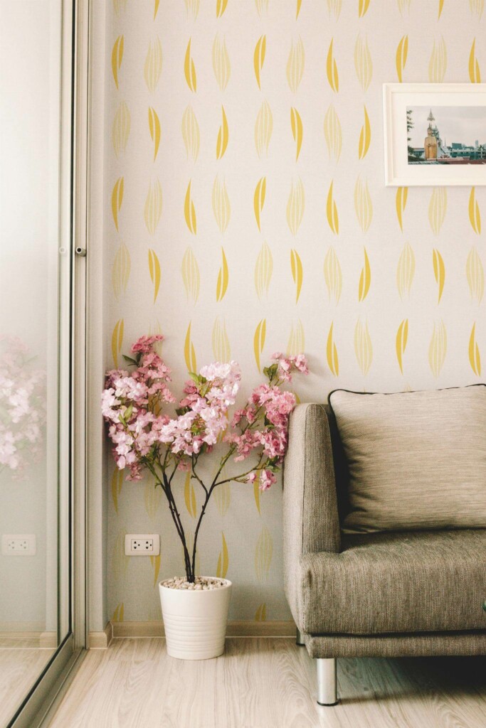 Modern farmhouse style living room decorated with Yellow abstract leaf peel and stick wallpaper