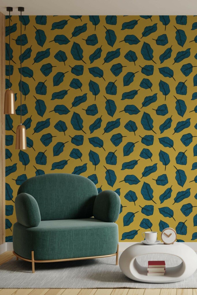 Contemporary style living room decorated with Yellow and blue bold leaf peel and stick wallpaper