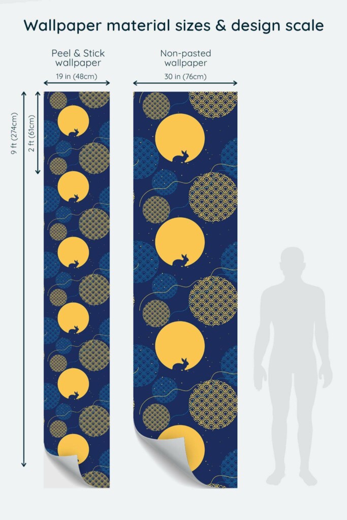 Size comparison of Yellow and blue chinoiserie abstract Peel & Stick and Non-pasted wallpapers with design scale relative to human figure