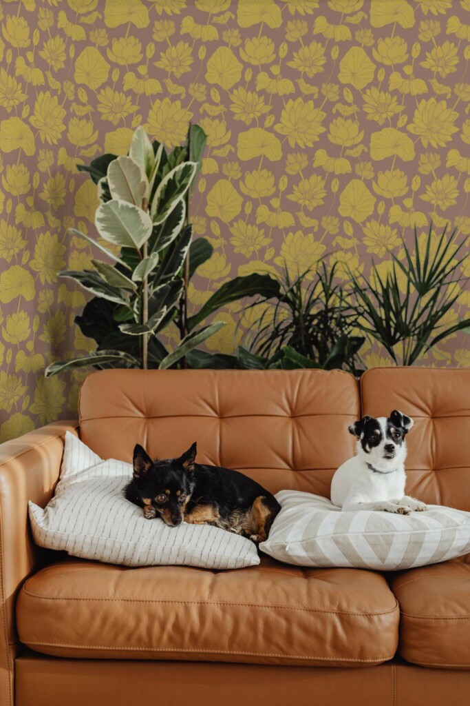 Mid-century modern style living room decorated with Yellow and brown retro floral peel and stick wallpaper