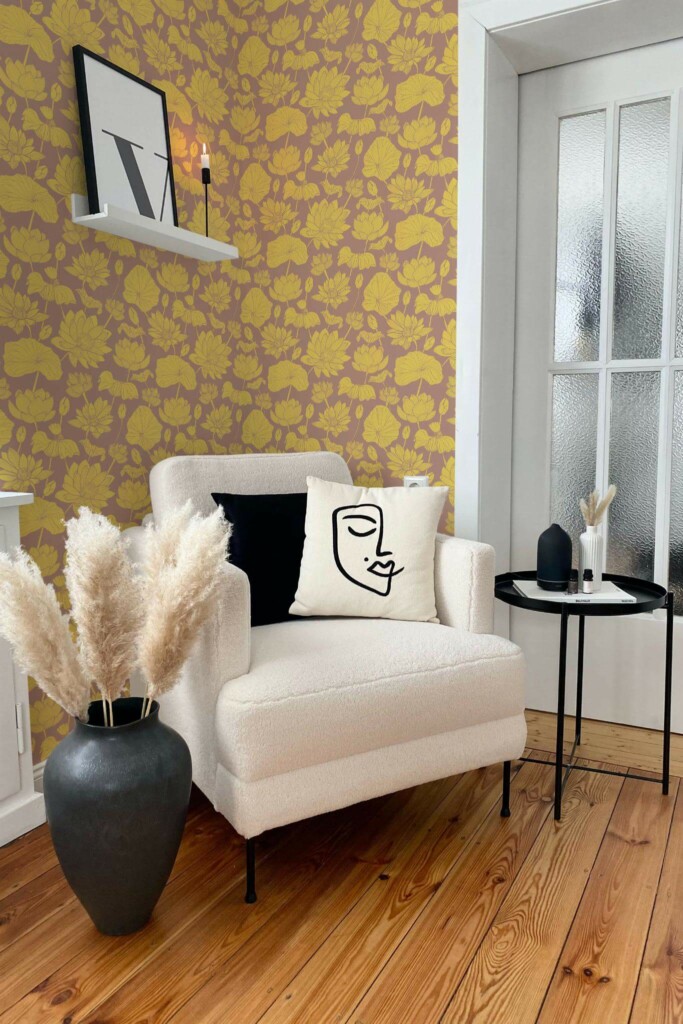 Modern boho style living room decorated with Yellow and brown retro floral peel and stick wallpaper