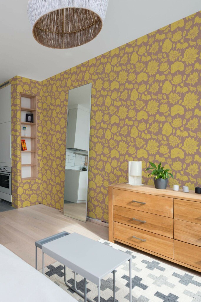 Scandinavian style small apartment decorated with Yellow and brown retro floral peel and stick wallpaper