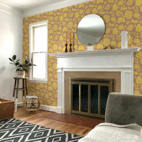 Yellow and brown retro floral pattern peel and stick removable wallpaper