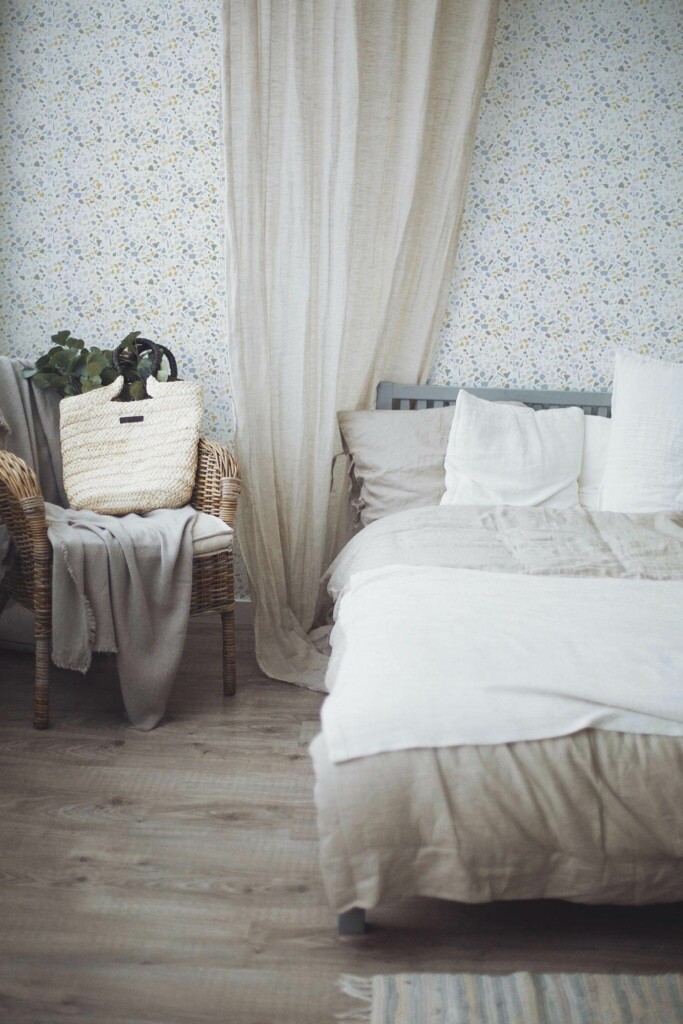 Boho style bedroom decorated with Yellow and gray terrazzo peel and stick wallpaper