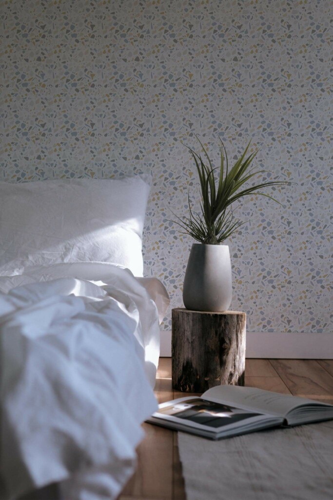 Minimal scandinavian style bedroom decorated with Yellow and gray terrazzo peel and stick wallpaper