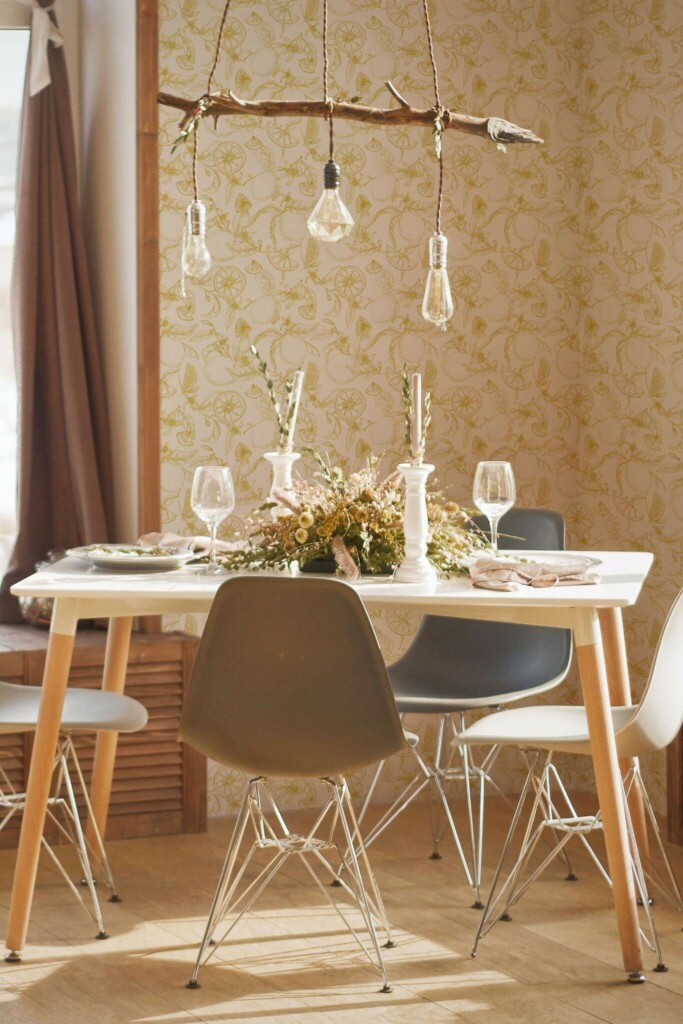 Modern boho style dining room decorated with Yellow and white lemons peel and stick wallpaper