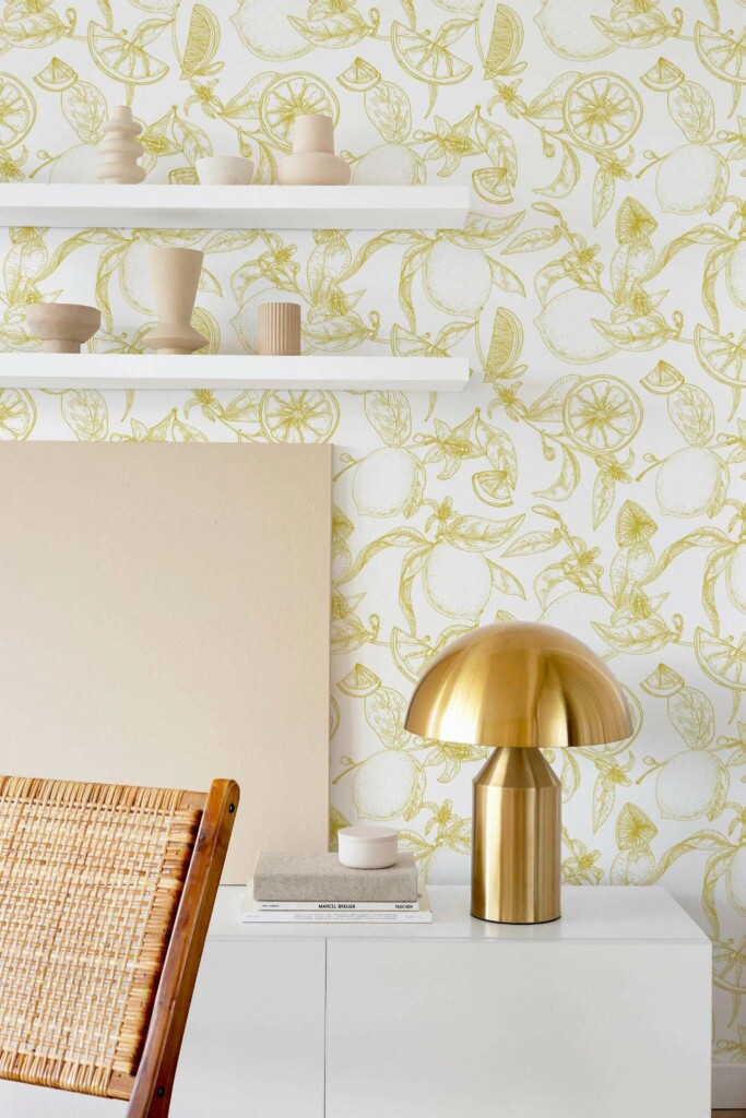 Modern style dining room decorated with Yellow and white lemons peel and stick wallpaper