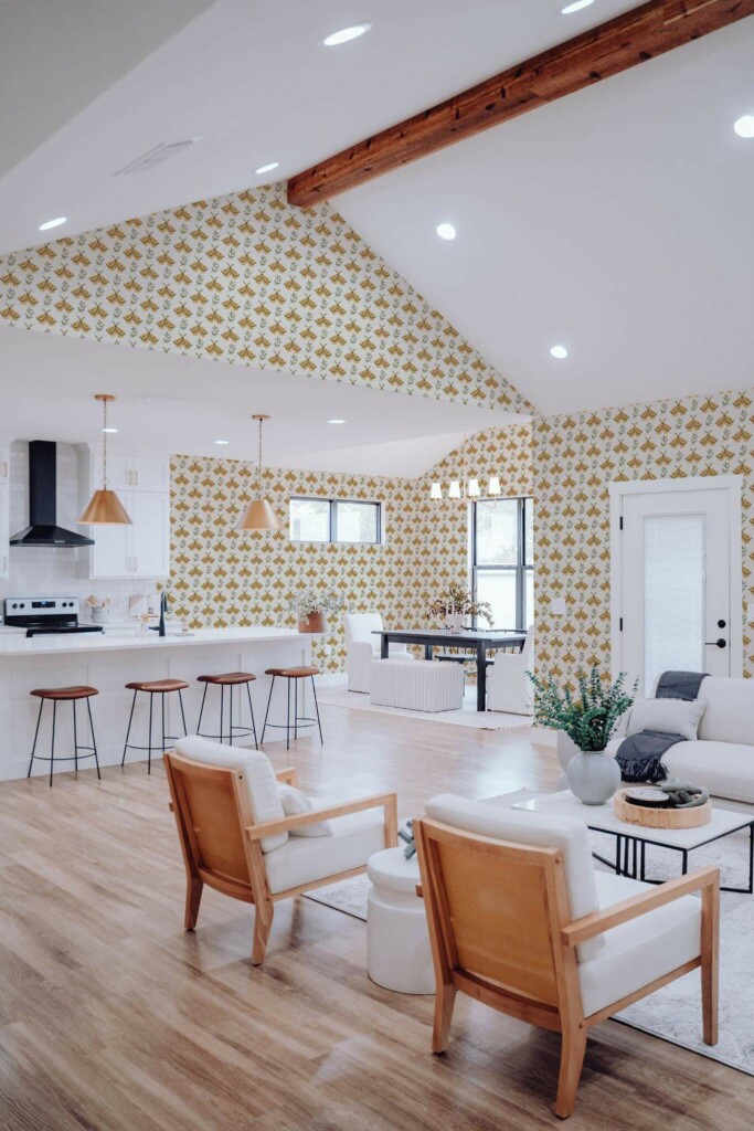 Contemporary style living room and kitchendecorated with Yellow butterfly peel and stick wallpaper