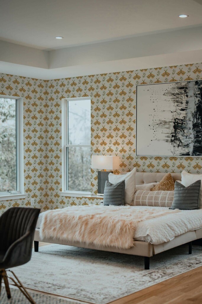 Luxury modern style bedroom decorated with Yellow butterfly peel and stick wallpaper