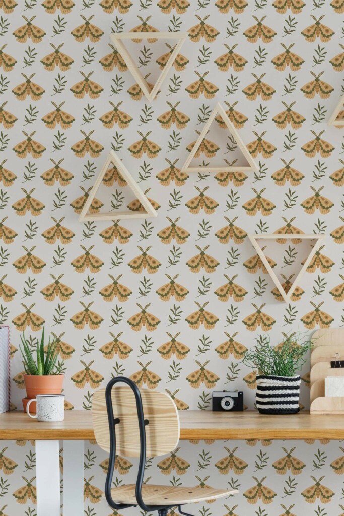 Scandinavian style home office decorated with Yellow butterfly peel and stick wallpaper