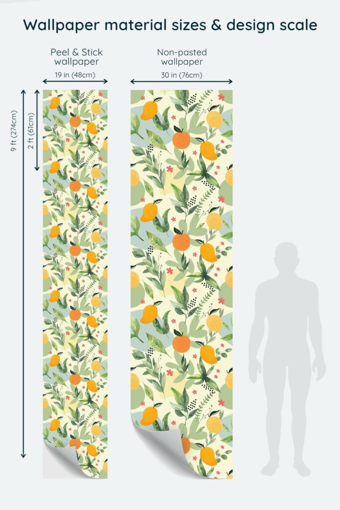 Size comparison of Yellow Clementine Garden Peel & Stick and Non-pasted wallpapers with design scale relative to human figure