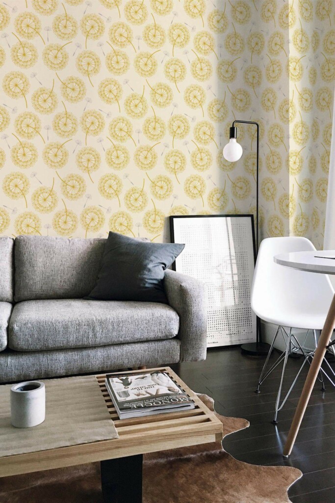 Industrial scandinavian style living room decorated with Yellow dandelion floral peel and stick wallpaper