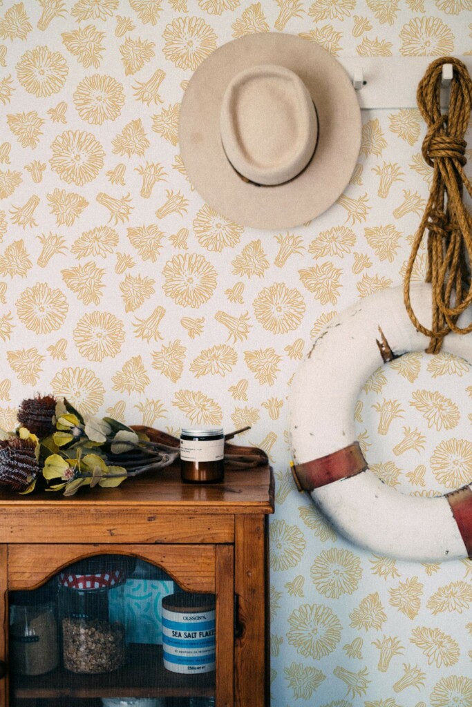 Coastal nautical style living room decorated with Yellow Dandelion peel and stick wallpaper