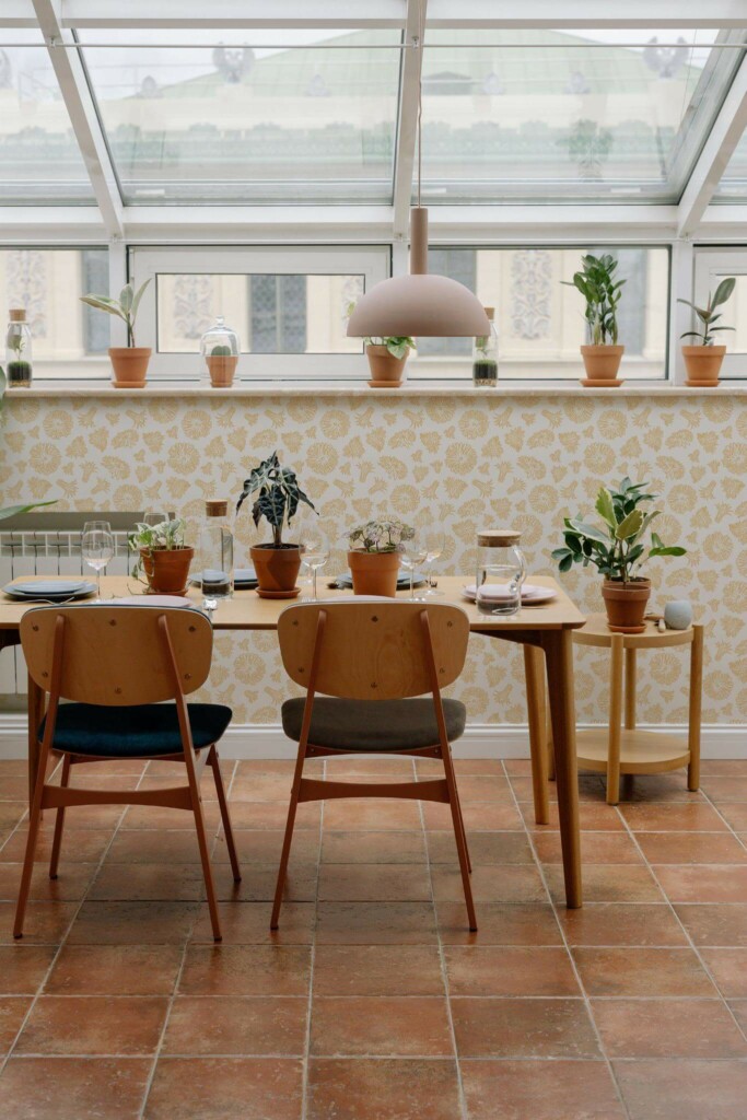 MId-century modern style dining room on a balcony decorated with Yellow Dandelion peel and stick wallpaper
