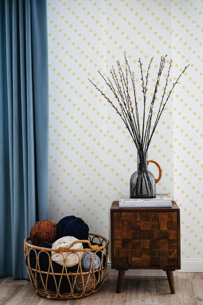 Coastal style living room decorated with Yellow Dotted peel and stick wallpaper