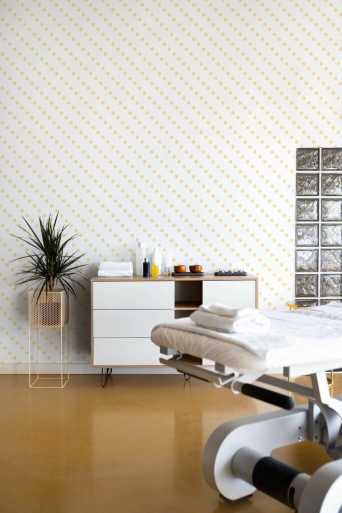 Scandinavian style beauty salon decorated with Yellow Dotted peel and stick wallpaper