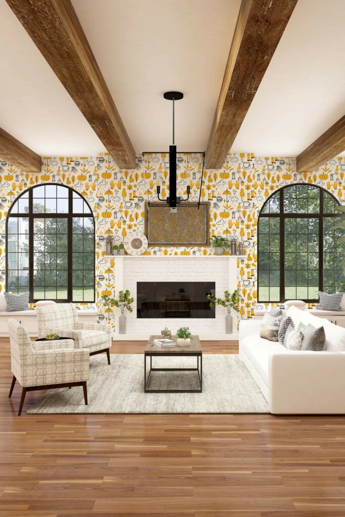 Light farmhouse style living room decorated with Yellow fall peel and stick wallpaper