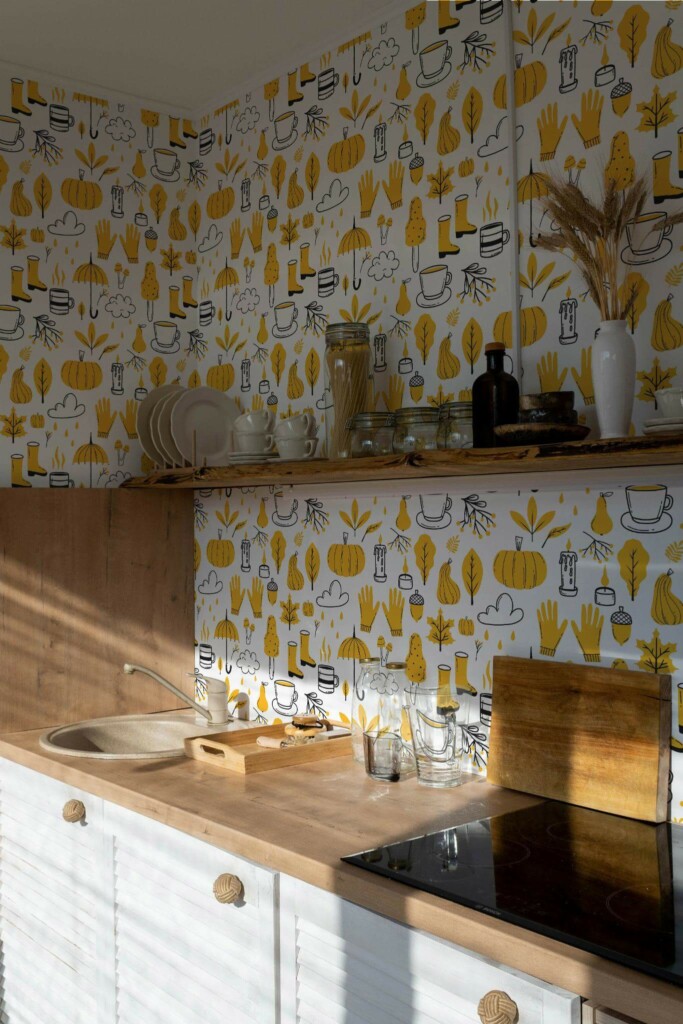 Minimal bohemian style kitchen decorated with Yellow fall peel and stick wallpaper
