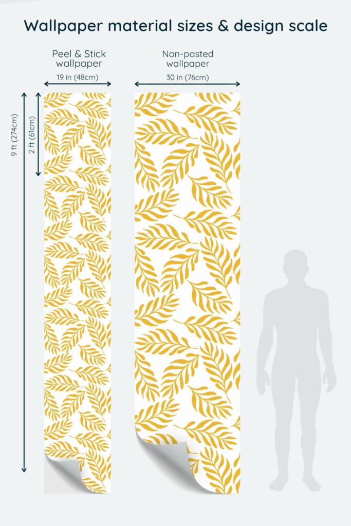 Size comparison of Yellow fern leaf Peel & Stick and Non-pasted wallpapers with design scale relative to human figure