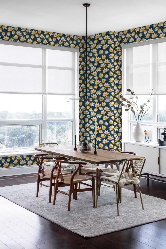 Fancy Walls Yellow Floral wallpaper for Dining room walls in Botanical style self-adhesive wallpaper.