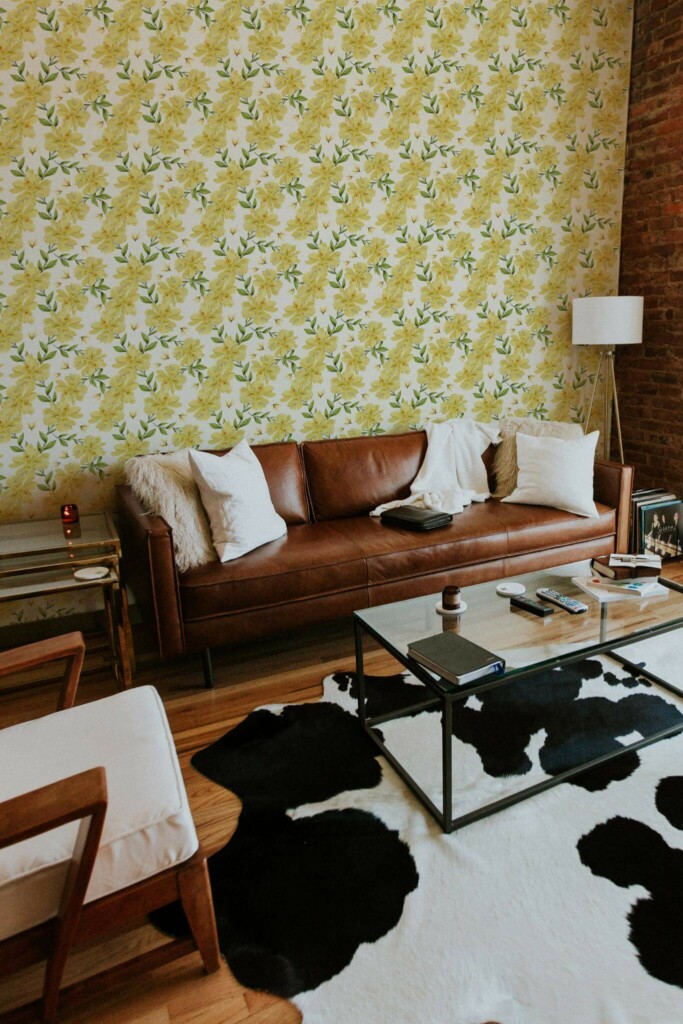 Mid-century modern style living room decorated with Yellow floral peel and stick wallpaper