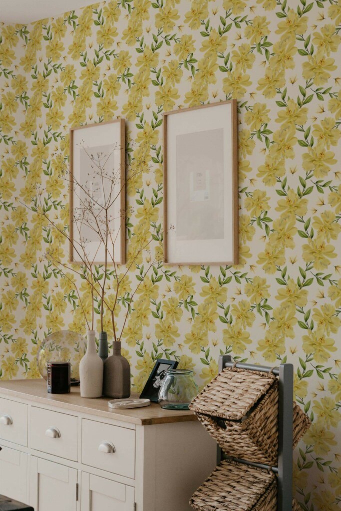 Scandinavian style bedroom decorated with Yellow floral peel and stick wallpaper