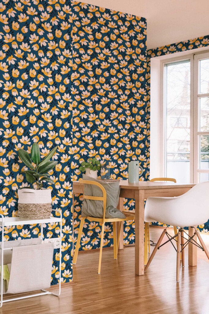 Fancy Walls Yellow Floral wallpaper for Dining room walls in Botanical style peel and stick wallpaper.